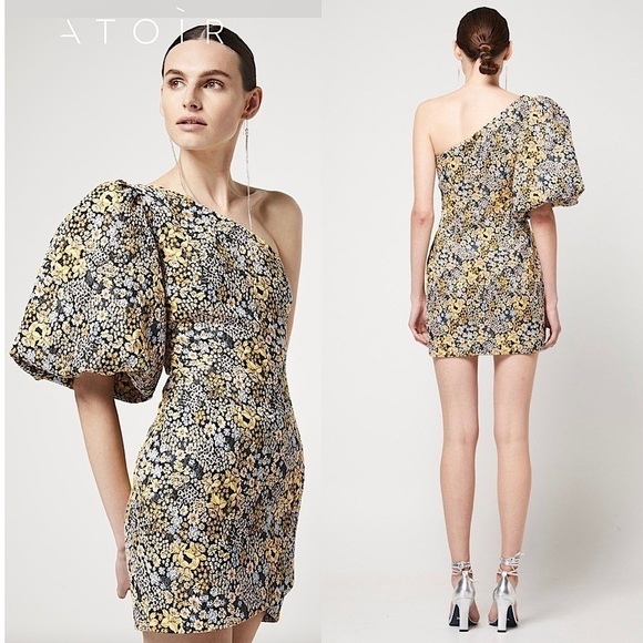 NWT ATOIR Floral Vintage Tapestry 1 Shoulder Puff Short Sleeve Wrap Hem Dress 2 - Picture 1 of 12